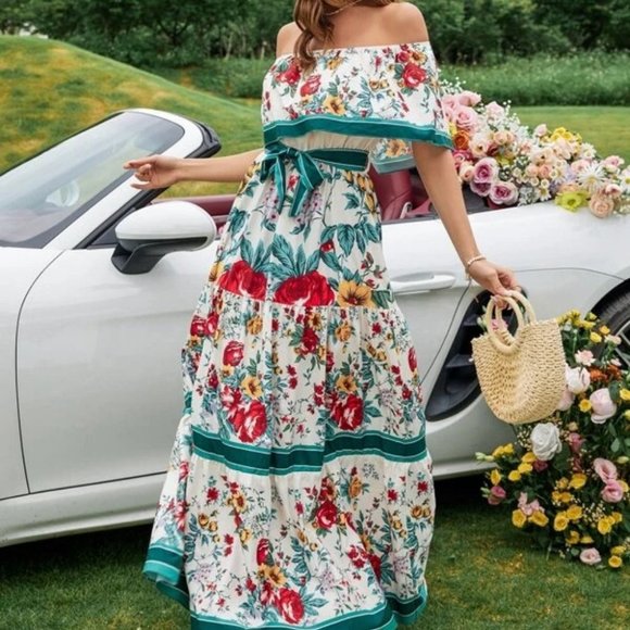 Floral Off Shoulder Ruffle Hem Belted Maxi Dress Multi color - Picture 2 of 6